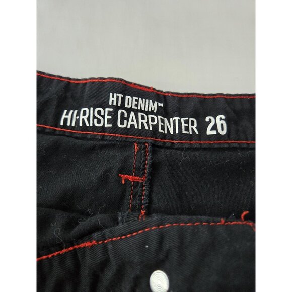 HT Denim Hi-Rise Carpenter Pants Womens 26 Black Red Stitch Wide Leg Utility - Picture 7 of 13